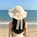 Elegante cappello di paglia da donna con fiocco in pizzo e perle, ideale per le vacanze e protezione solare - Stile Perla Increspata / Crema