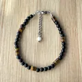 Détail du bracelet en perles d'œil de tigre et onyx noir avec fermoir en acier - Oeil de Tigre Agate Noire avec Entretoise / 38+5cm / Mélange Noir Brun