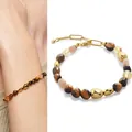 Bracelet vintage en œil de tigre avec perles en acier au titane plaqué or. - Bracelet Oeil de Tigre Irrégulier / 17+3cm / Brun Rose Or