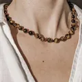 Collier classique en perles d'œil de tigre vintage avec texture de pierre naturelle - Mélange d'Oeil de Tigre Grand et Petit / 38+5cm / Mélange Jaune-Brun