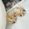 Elegant French retro gold-toned C-shaped hoop earrings with colorful beads and white pearls - Colored Stone Star Ring (XL-1527CY-2) / Multicolor Faceted Beads