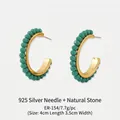 French vintage C-shape gold hoop earrings with green natural stone beads and 925 silver needles - Crystal Earrings (ER-154) / Dark Green Faceted Beads