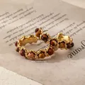 Vintage French style C-shaped hoop earrings featuring colorful beaded natural stones - Eggshell Stone Multicolor Beading