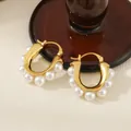 French retro gold-plated C-shaped hoop earrings with elegant white pearl accents. - Gold with White Imitation Pearl