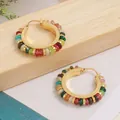 French vintage gold-plated C-hoop earrings featuring vibrant colorful stone disc beads. - Mixed Color Disc Beads