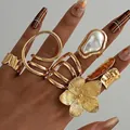 Chunky gold irregular geometric open rings with floral and pearl accents for women - Irregular Artificial Pearl Flower Style (6483001HB) / 6-Piece Set / Gold
