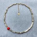 Mixed material choker with spotted stone beads, pearls and a vibrant red accent bead - Pearl, Gold Spacers and Leopard Skin Jasper (38+5cm) / One Size