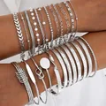 Stacked silver color metal bracelet and bangle set for women with diverse etched patterns - 6801001HB