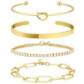 4-piece gold stainless steel jewelry set featuring a knot bangle and tennis chain - Four Items (Style 8: Includes Knot Bangle / Smooth Bangle / Rhinestone Tennis Chain / Paperclip Chain) / Gold
