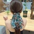 Elegante elastico per capelli a fiori in chiffon con lunghi nastri decorativi - Nastro Foglia Tencel (N. 34) / Stampa floreale verde scuro