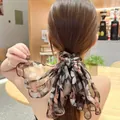 Elastico per capelli in chiffon floreale con lunghi nastri eleganti per acconciature posteriori - Nastro Foglia Tencel (N. 34) / Caffè Floreale
