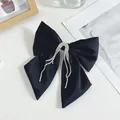 Grande fermaglio per capelli a fiocco in raso nero con nappe di strass brillanti - Stile a U (N. 45) / Nero