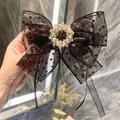 Elegante fermaglio per capelli in organza nera a pois con centro di fiori di cristallo - Fiocco di Cristallo a Pois / Nero
