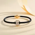 Braided black leather cord bracelet with gold magnetic clasp and sparkling rhinestone letter E - Letter E (PSL221--E)