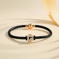 Braided black leather bracelet with rhinestone 'G' charm and gold magnetic clasp - Letter G (PSL221--G)
