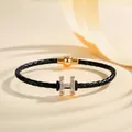 Elegant braided black leather bracelet with gold rhinestone H charm and magnetic clasp - Letter H (PSL221--H)