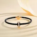 Braided black leather bracelet with crystal-studded letter 'I' charm and magnetic clasp - Letter I (PSL221--I)