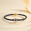 Elegant black leather braided bracelet with pavé rhinestone circle and gold magnetic clasp. - Letter O (PSL221--O)