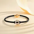 Elegant black braided leather bracelet with diamond-encrusted letter Q and gold clasp - Letter Q (PSL221--Q)