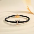Stylish black braided leather rope bracelet with crystal-paved gold T-letter charm - Letter T (PSL221--T)