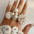 Elegant Baroque pearl ring set with crystal accents shown on model wearing lace glove - Gold Baroque Branch Intertwined With Rhinestone Style (32662-ring-G) / Multi-Piece Set / Gold