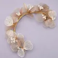 Elegant handmade bridal flower headband with golden mesh petals and white pearls - Versatile Daily Hairband (HS-J6123) / Gold