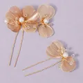 Elegant gold floral bridal hair pins decorated with white pearls for bridal hair - Party Versatile Hair Pin (HS-J7192G) / 2Pcs/Set / Gold