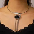 Statement snail spiral choker necklace with black oval stone and silver chain tassels - Choker Only (A-777) / Silver Black