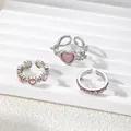 Adjustable silver alloy ring set featuring pink heart stones and rhinestone accents - Pink Heart Cupid 3-Piece Set (HS1981-10)