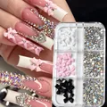 Nail art decoration set with pink, white, black bow charms and shiny rhinestones - DLG 6grid-01