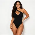 Vorderansicht des schwarzen nahtlosen Ein-Schulter-Bodysuits mit Reißverschluss - S / Tanga-Stil / Schwarz