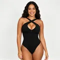 Front view of black seamless shapewear bodysuit with halter neckline and zipper detail. - L / Black