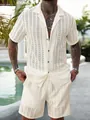 Detail view of men's cream crochet textured short sleeve shirt and shorts set for summer - M / Apricot