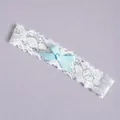 Elegant white elastic lace garter featuring a light blue satin bow and pearl for brides - Bridal Gown Matching Leg Garters (GS-J022) / One Size
