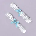 Elegant white elastic lace wedding garters with blue satin bows and heart rhinestone - Photo Prop Leg Garters (2-Pack, GS-J024) / One Size