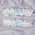 Elegant white ruffled bridal leg garters set with light blue bows and delicate pearls - Elegant Sexy Leg Garters (2-Pack, GS-J033) / One Size