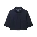 Detailed view of navy blue minimalist women's stand collar blazer with 3/4 sleeves - Navy Blue