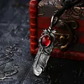 Vintage silver feather pendant necklace with vibrant red gemstone, retro bohemian style jewelry - BP8-112 Ruby Single Pendant