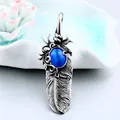 Vintage silver-tone feather pendant with striking blue stone inlay for jewelry collections - BP8-112 Sapphire Single Pendant