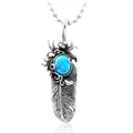 Vintage silver feather pendant necklace with a vibrant oval turquoise stone inlay - BP8-283 Turquoise Single Pendant