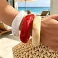 Statement irregular chunky acrylic bangles set in vibrant white red and cream - Irregular Thickened Acrylic Bangle Set (6788001) / Three-Piece Set / White/Red/Cream Yellow