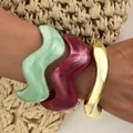 Set of chunky irregular wave open bangles in marble green, magenta, and polished gold finish - 3-Piece Irregular Wave Bangle Set (6762801HB) / Light Green & Wine Red Combo