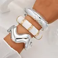 Statement acrylic irregular bangle set with marble pattern and silver textured finish - Silver Irregular Wave and White Marble Pattern 3-Piece Bangle Set (6792701HB) / Silver And White