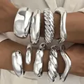 Premium irregular silver acrylic cuff bracelets set with metallic mirror finish for women - Silver Polished Mirror Open 4-Piece Bangle Set (6781202HB) / Silver