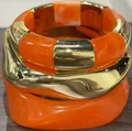 Statement orange and gold acrylic irregular open bracelet set with a high-end designer feel - Irregular Wave Segmented Patchwork Bangle Set (6808402) / Set of 3 / Vibrant Orange Bright Gold Combo