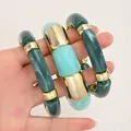 Stacked chunky acrylic bracelets featuring green and turquoise marble effect and gold accents - Irregular Spliced Bangle Set (6764301HB) / Three-Piece Set / Green/Light Green Marble/Gold