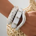 Set of three chunky silver and white acrylic irregular bangles for a stylish statement - Silver Wave Bamboo Bangle Set (6649502HB) / Three-Piece Set / Silver/White