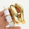 Set of three statement gold and white acrylic irregular open bangles with wave design - Gold Bamboo Wave Bangle Set (6811501HB) / Three-Piece Set / Gold/White