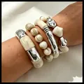 Chunky layered acrylic bracelet set with cream marble texture and silver accents - Minimalist Marble Pattern Multi-Layer Bangle Set (6746902HB) / Silver + White Marble