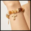 Handmade beaded bracelet featuring a minimalist gold-tone cross charm in earthy warm tones - Earth Tone Cross Beaded Bracelet (6804002HB) / Earth Tone